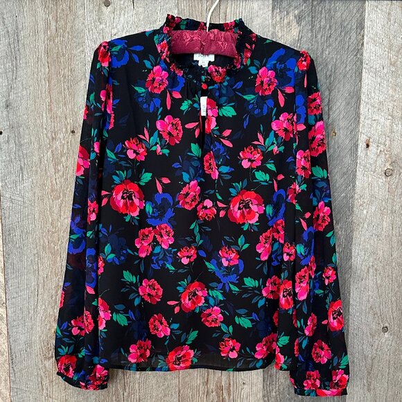 J.Crew Women's Top Medium Black with Floral Design - Picture 2 of 10